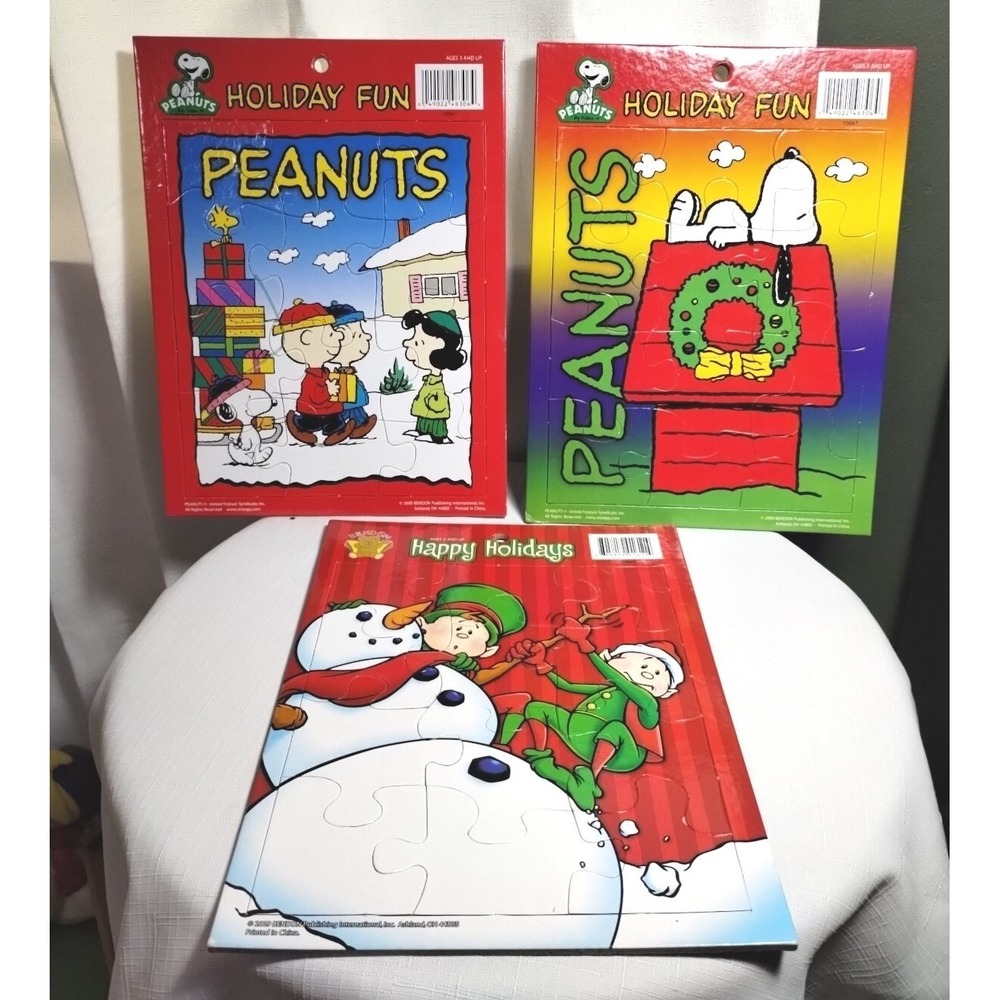 3 Bendon Christmas Puzzles 2 Peanuts Charlie Brown & 1 Christmas Elves Unused